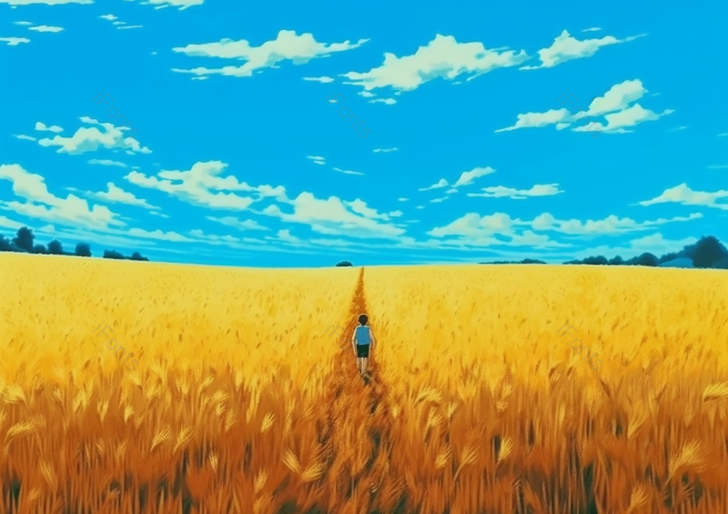 蓝天白云下的小女孩走在麦田里背景,插画/手绘图,插画/手绘图库,插画/手绘图下载,插画/手绘